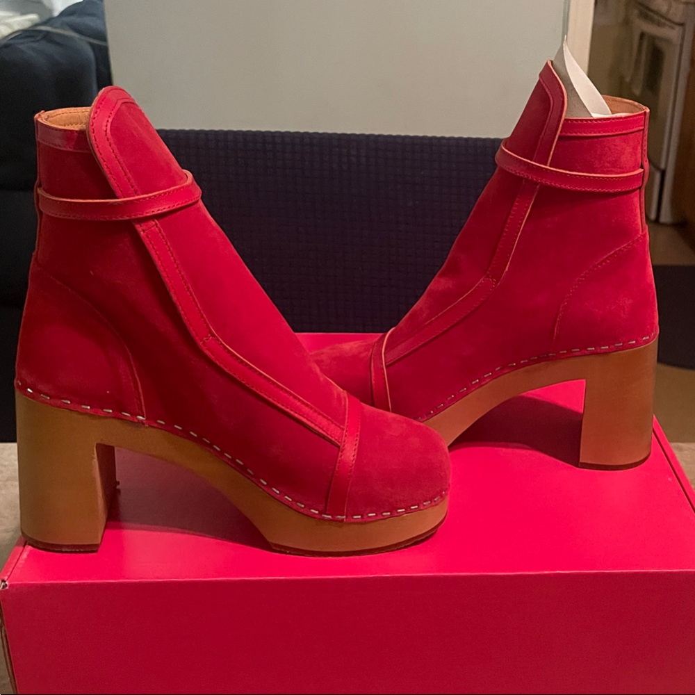 Swedish Hasbeens Red Suede Ankle Boots